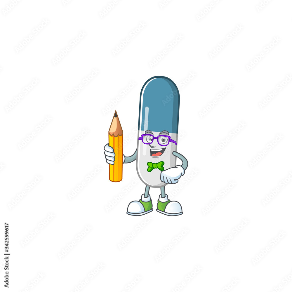 Vitamin pills student cartoon character studying with pencil