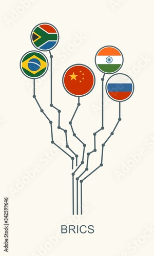 BRICS - association of five major emerging national economies members flags. Trade union. Brochure or web banner design.
