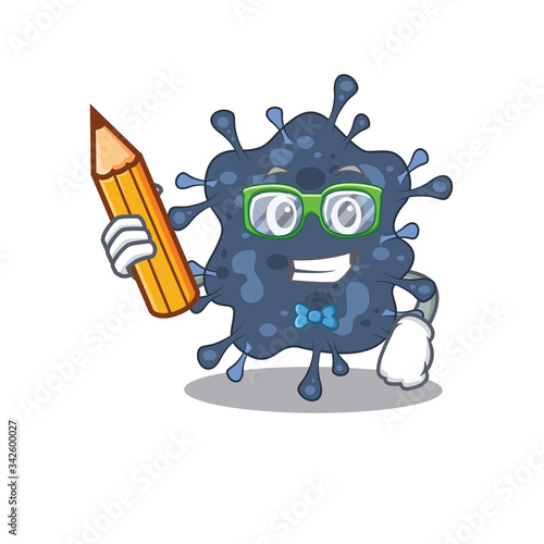 A brainy student bacteria neisseria cartoon character with pencil and glasses