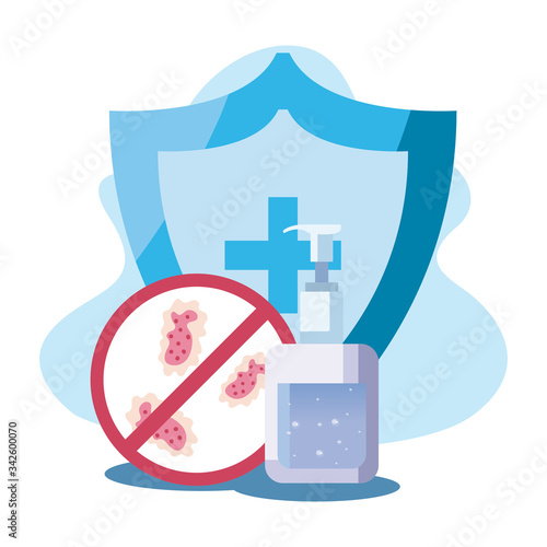 Cross inside shield soap bottle and coronavirus bacterium vector design