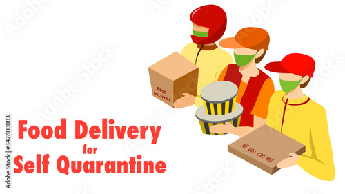 Food delivery service for self quarantine to protect yourself and prevent spreading of COVID-19. Male delivery men delivery different packages, wearing protective mask. Vector illustration,Flat design
