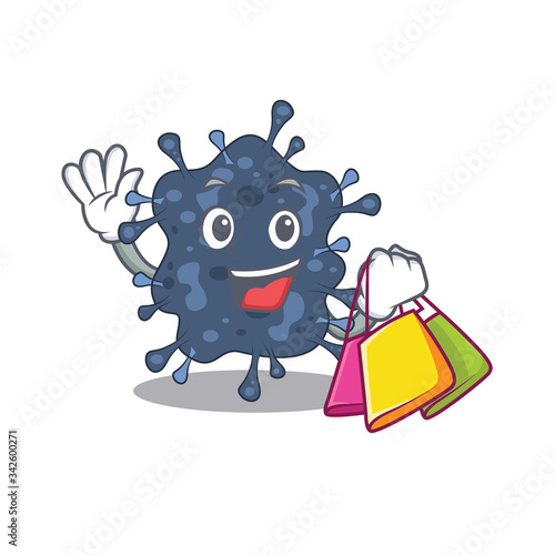 Rich and famous bacteria neisseria cartoon character holding shopping bags