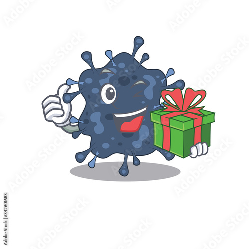 Smiling bacteria neisseria cartoon character having a green gift box