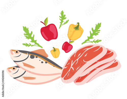 Paleo Diet Healthy Eating Concept. Products Seafood, Meat, Water and Vegetable and Fruits Poster Banner Flyer Brochure