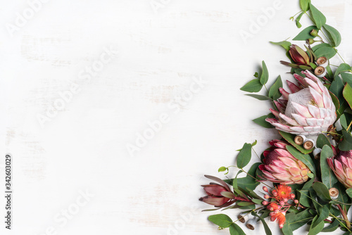 Cuadro en lienzo Beautiful pink king protea surrounded by  pink ice proteas, leucadendrons, eucalyptus leaves and flowering gum nuts, creating a floral border on a rustic white background