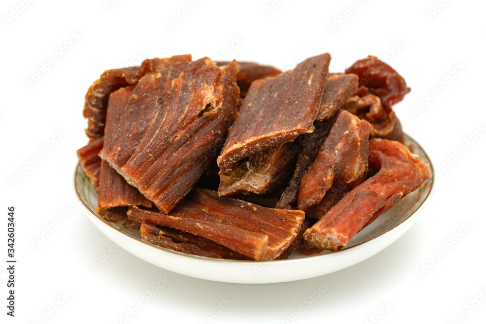 side view original flavor beef jerky on white background side view original flavor beef jerky on white background