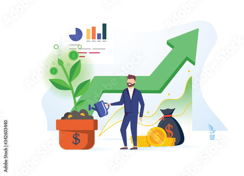 Stock market vector illustration. Flat mini money growth persons concept with positive and successful indicators.