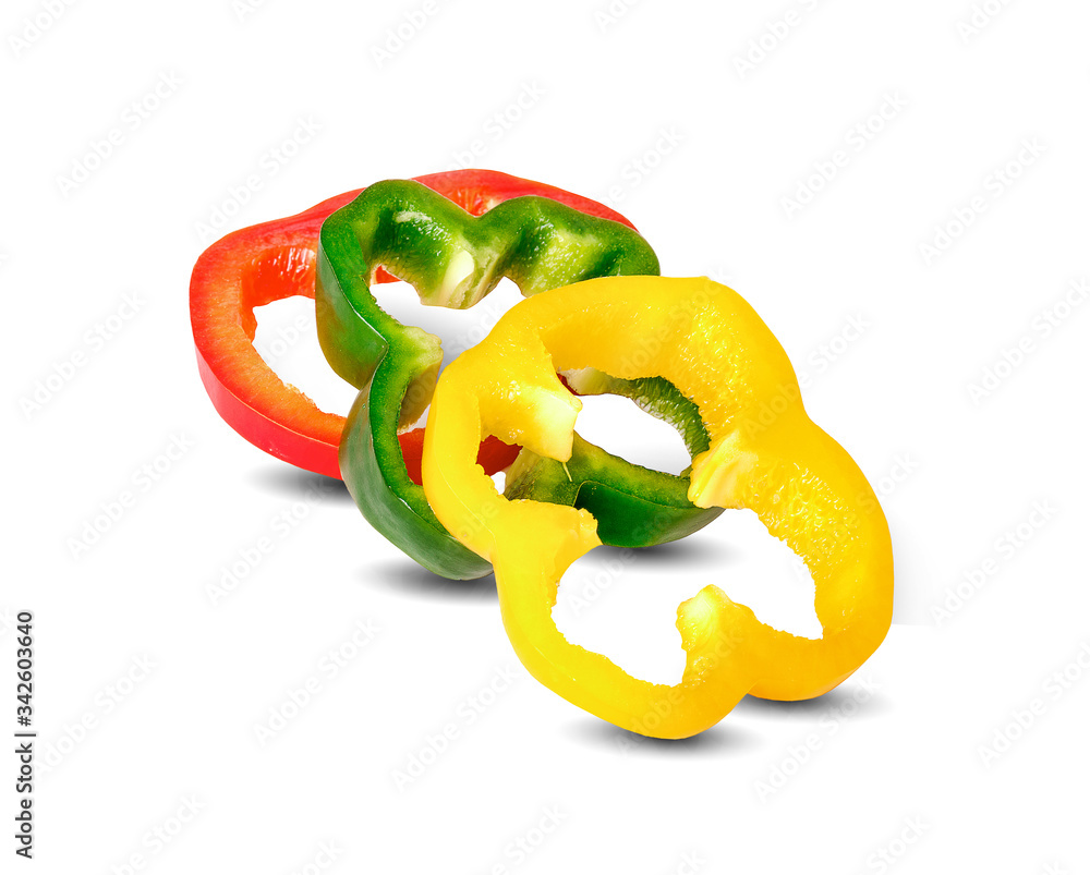sliced yellow green red bell pepper on white background sliced yellow green red bell pepper on white background