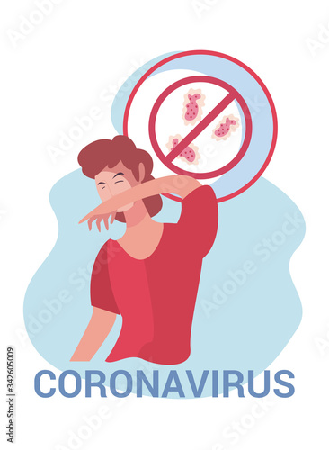 Man sneezing and coronavirus bacterium inside forbidden symbol vector design