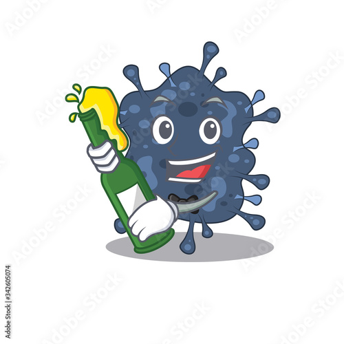 Mascot character design of bacteria neisseria say cheers with bottle of beer