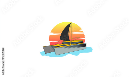 Catamaran sailboat, Vector template illustration of logo for high-speed ferry, Sea summer regatta yachting extreme sports race, with sunset icon