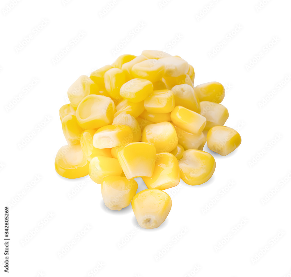 Fototapeta premium Yellow natural corn seeds isolated on white background. macro
