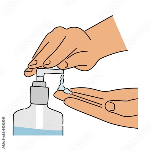 Hands using hand sanitizer gel pump dispenser or alcohol to protect Covid-19 virus or coronavirus. Vector illustration isolated on white background