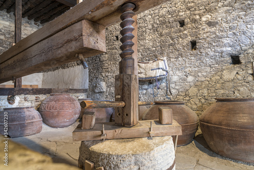 Wooden press of an old winery in the village of Omodos. Cyprus