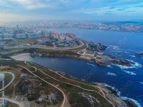Aerial view of the Tower of Hercules, roman lighthouse in A Coruña, Spain. UNESCO World Heritage Site