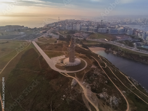 Aerial view of the Tower of Hercules, roman lighthouse in A Coruña, Spain. UNESCO World Heritage Site