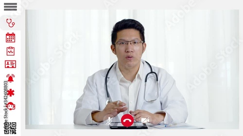 Interface of telemedicine application with asian doctor or mental psychologist on video call conference. Virtual video of consultant on screen computer laptop. Teleconsult and Telehealth concept photo