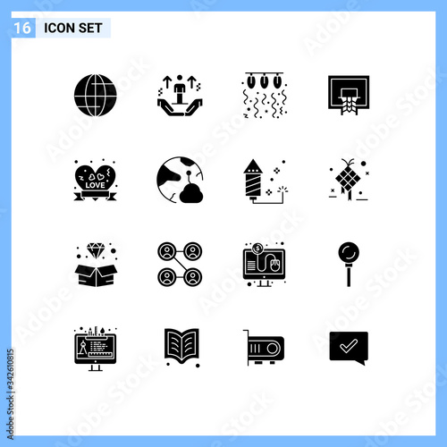 Modern Set of 16 Solid Glyphs Pictograph of net, court, bulb, basketball, string