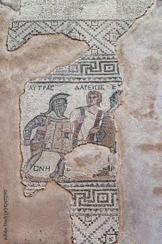 Mosaic of gladiators divided by referee, end of 3rd century AD, House of gladiators. Kourion.