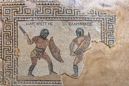 Mosaic of two gladiators, Margarites (left) and Hellenikos (right), late-3rd century CE, House of the Gladiators, Kourion (Cyprus)