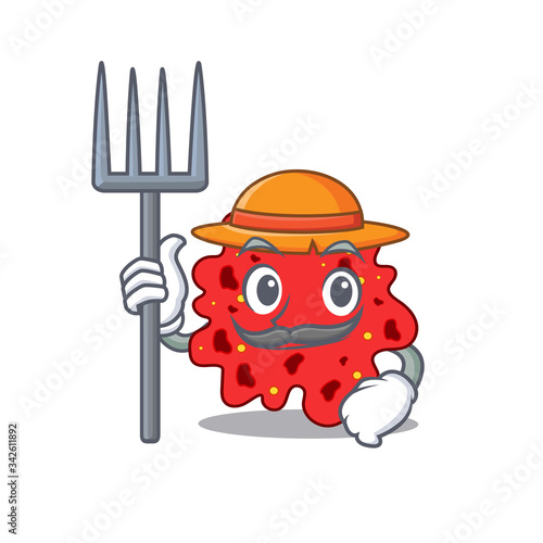 Cartoon character design of streptococcus pneumoniae as a Farmer with hat and pitchfork