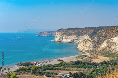 View from the ancient Mount Kourion to the beach of the same name and the Mediterranean coast (Cyprus).