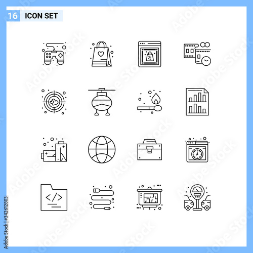 Pack of 16 Modern Outlines Signs and Symbols for Web Print Media such as target, aim, cyber, time, film stip