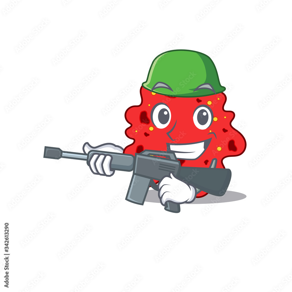 A cartoon picture of streptococcus pneumoniae in Army style with machine gun
