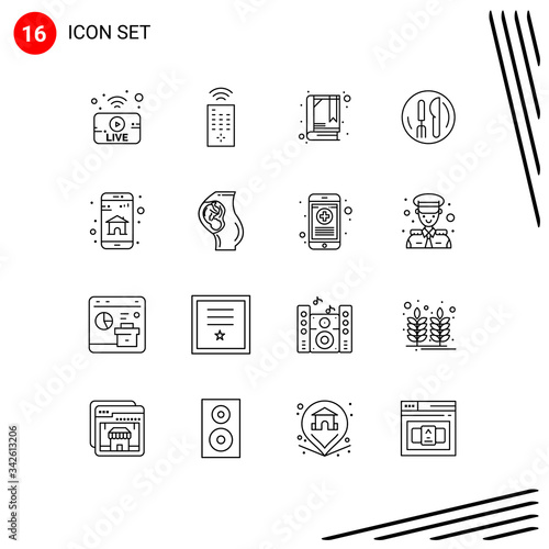 Pack of 16 Modern Outlines Signs and Symbols for Web Print Media such as mobile app, home, booklet, app, kneef photo