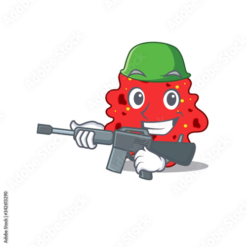 A cartoon picture of streptococcus pneumoniae in Army style with machine gun
