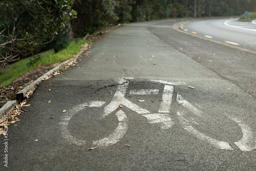 Trees with big roots damage cycleway. Low angle view of the cracked cycle way with bicycle sign printed on it. photo