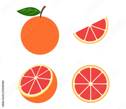Fresh pink grapefruit vector set isolated on white background - Vector illustration