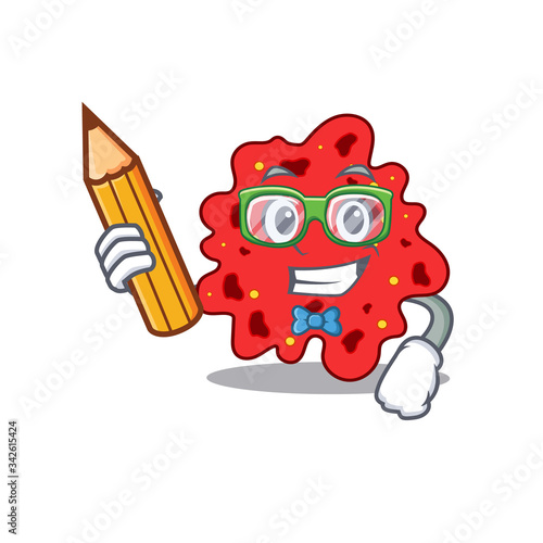 A brainy student streptococcus pneumoniae cartoon character with pencil and glasses