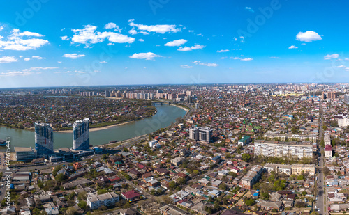 aerial drone view - old historical center of Krasnodar city (South of Russia) on a sunny April day - Kirova street, Kuban river photo