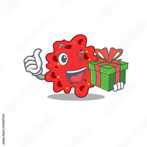 Smiling streptococcus pneumoniae cartoon character having a green gift box