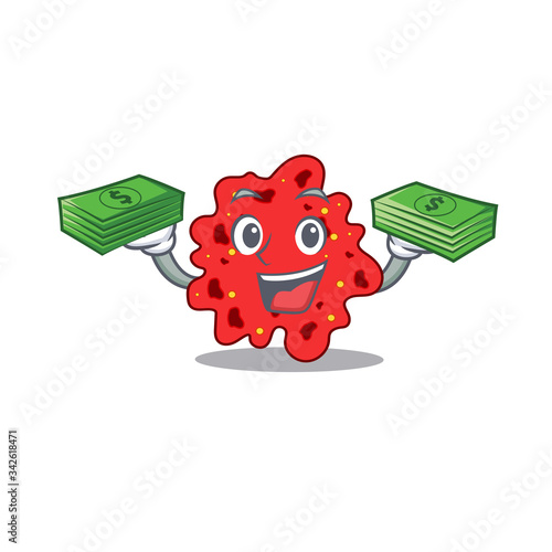A wealthy streptococcus pneumoniae cartoon character having money on hands