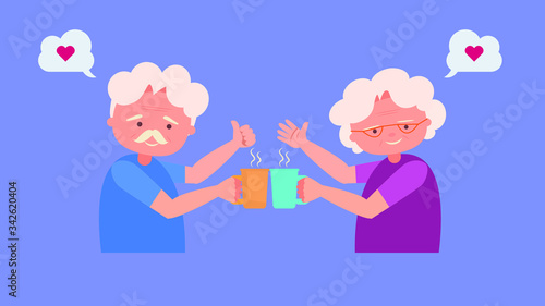 Happy old people 
Drink morning coffee ,Elderly lovers, good mood and physical health,Elderly lovers,Spend time together happily good mood and physical health 