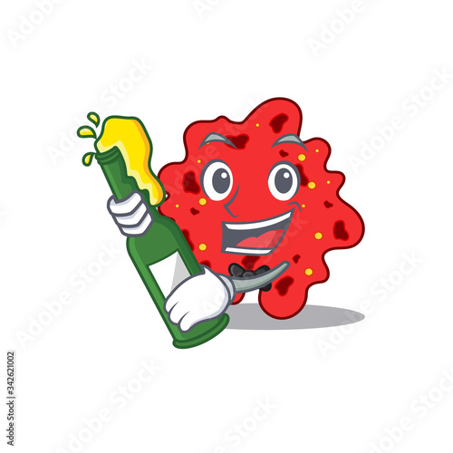 Mascot character design of streptococcus pneumoniae say cheers with bottle of beer