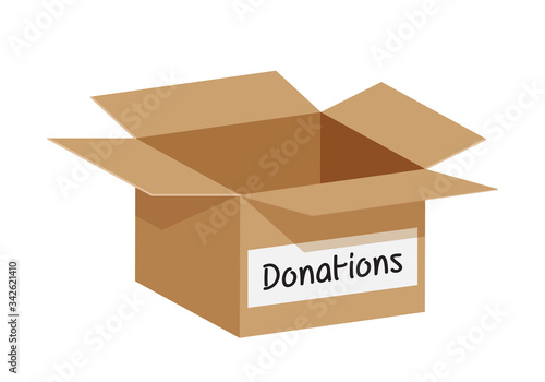 empty donation box isolated on white background, open box blank for donations, illustration of donate cardboard box paper brown, clip art donated crate boxes open for packaging, carton box donating