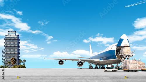 loading cargo airplane on airport runway wide panorama landscape with freight containers and shipping packages against clouds blue sky background Aircraft flying high Airport overview with cargo plane