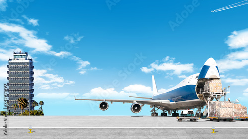 Quadro em tela loading cargo airplane on airport runway wide panorama landscape with freight co