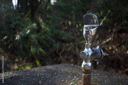 Close up of water drinking fountain during a hike  on a warm spring day at Tumwater Falls Park located in Thurston County, Washington. Thirsty, refreshing, bubbler.