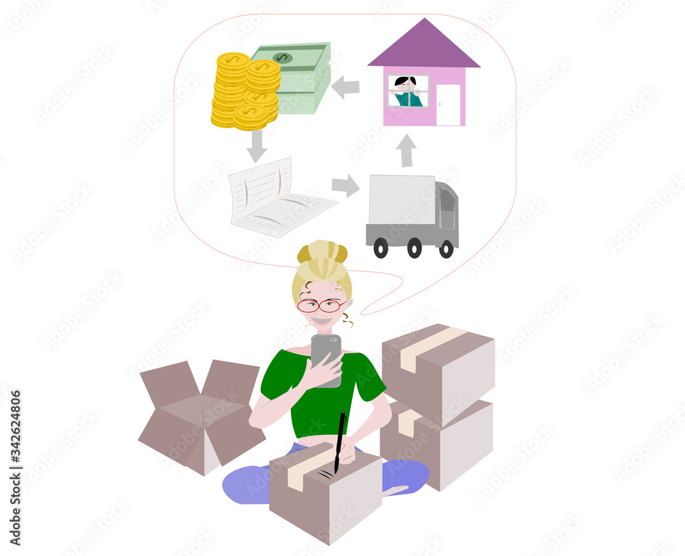 Illustration womenis packing the product box for delivery. The seller receives orders over the phone and delivers the product home. Lady doing online marketing business.People cartoon character. Illustration womenis packing the product box for delivery. The seller receives orders over the phone and delivers the product home. Lady doing online marketing business.People cartoon character.
