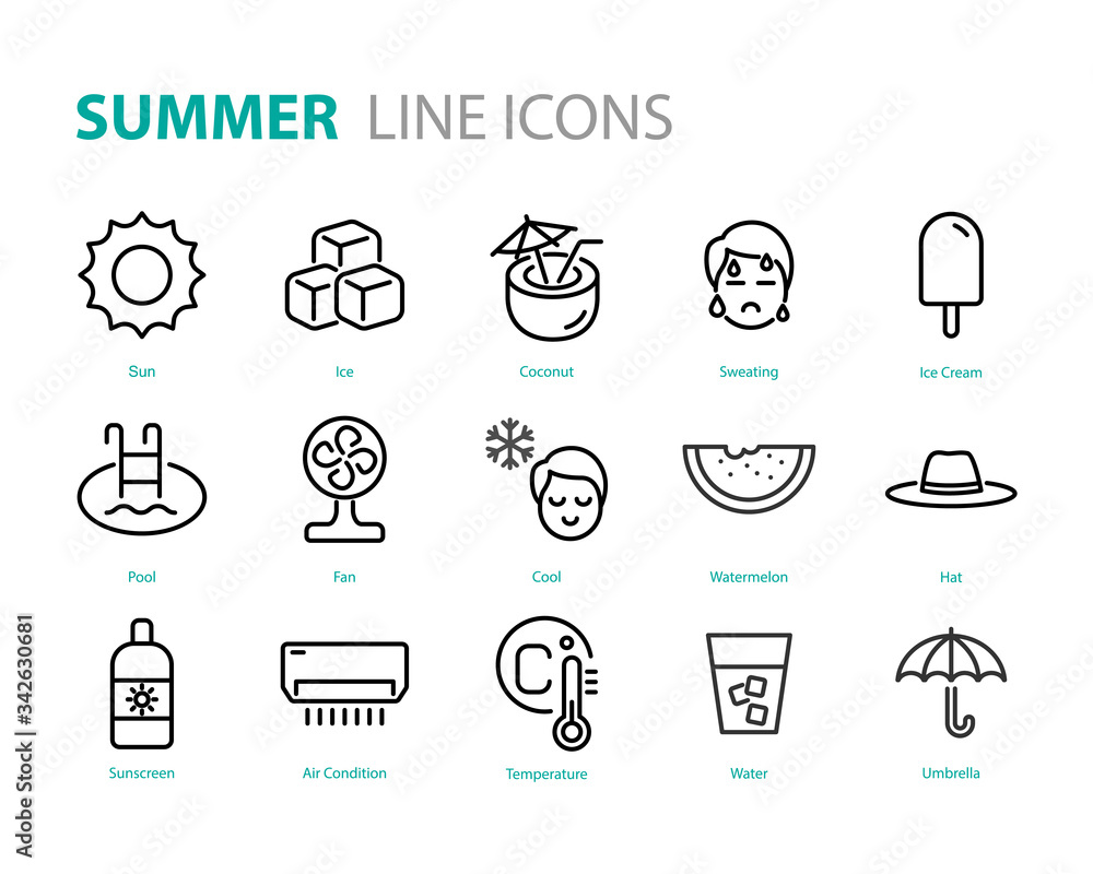 set of summer icons, hot, ice cream, sun, drinks set of summer icons, hot, ice cream, sun, drinks