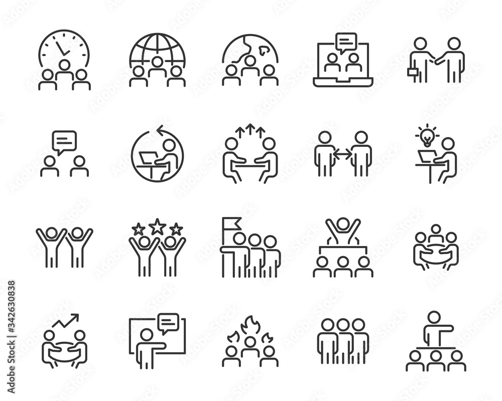 set of teamwork icons, work, training, leader, people, meeting