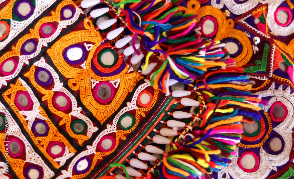 Patchwork quilt in kutch Gujarat india,needlework embroidery art work,as a kind of needlework, creativity and art.best indian traditional embroidery art. Threads for embroidery,selective focus