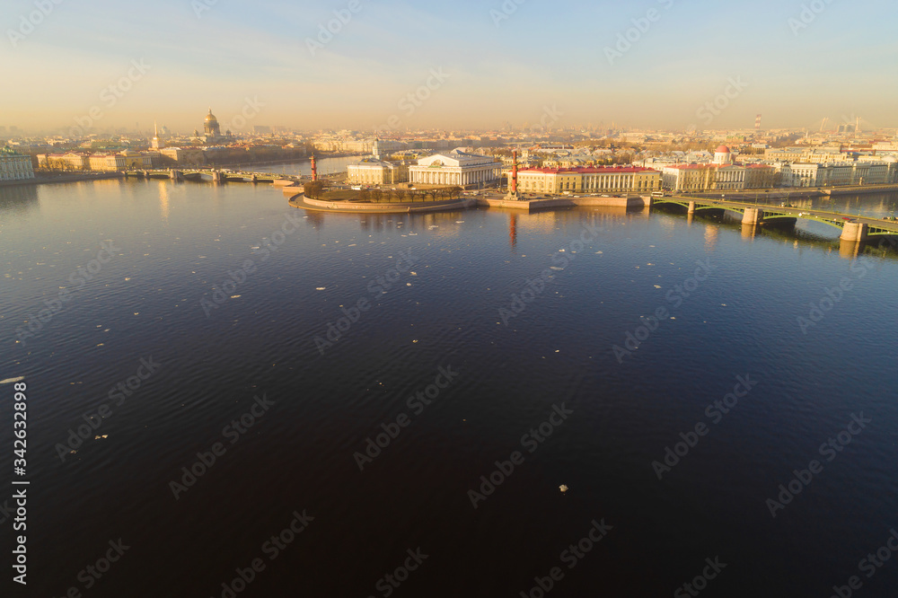 Arrow of Vasilyevsky Island in a city panorama on a sunny April morning (aerial photography). Saint-Petersburg, Russia