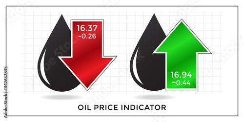 Oil price indicators. Increment and decrement arrows with oil drop isolated on white background. Vector Illustration. 