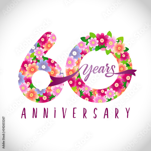 60 th anniversary numbers. 60 years old logotype. Floral pink congrats. Isolated abstract graphic design template. Creative holiday digits with vector mask. Up to 60%, -60% percent off discount.