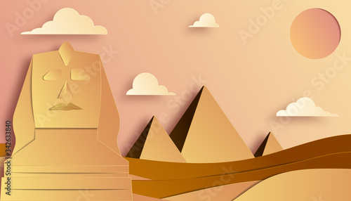 Paper layer art style of sphinx and Pyramid of Giza, world famous landmark of Egypt.